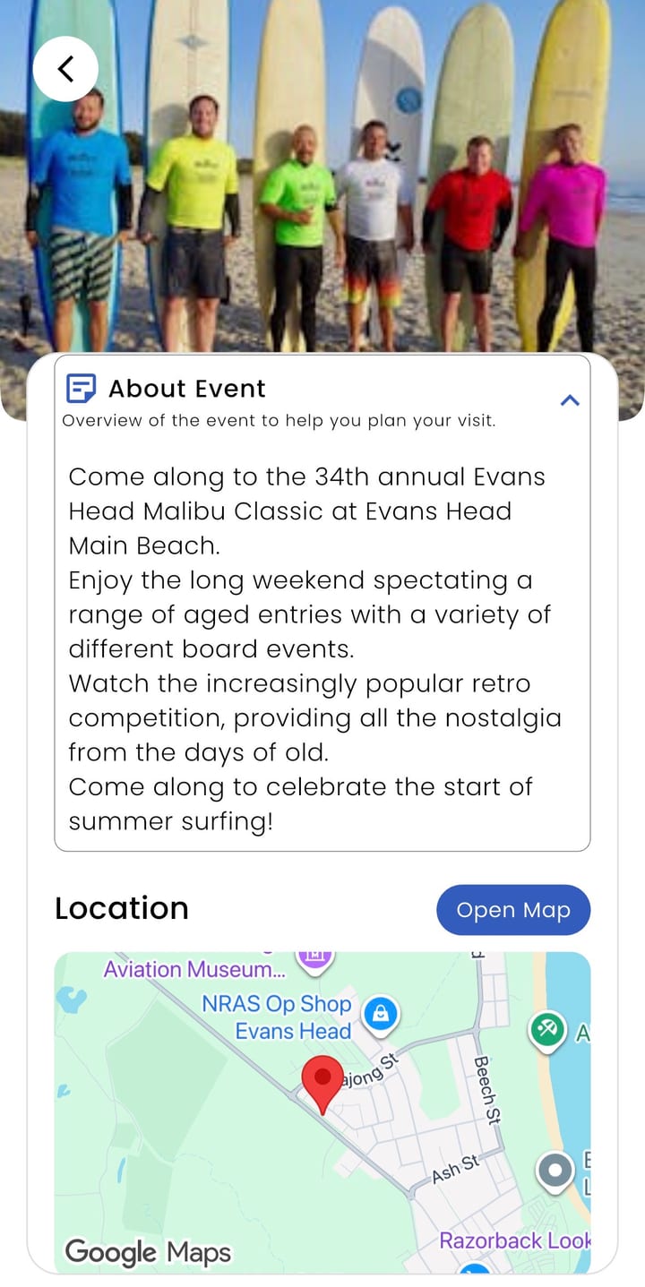 An event in the Inclusable app, the Evans Head Malibu Classic, with the About Event section open and a map of the location below it